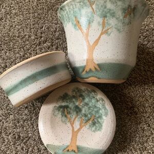 Salt Glazed Stoneware Set of 2 Crocks "Tree" Design